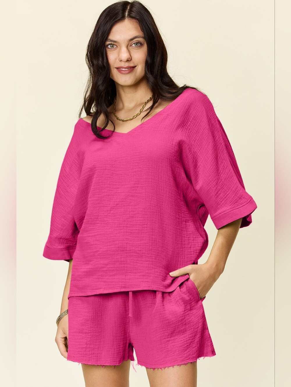 Women's Pink V-Neck Top & Matching High Waist Shorts Set- Full & Plus Sizes